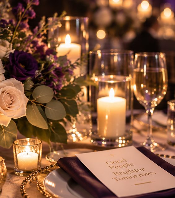Candlelit table detail at a fundraising dinner